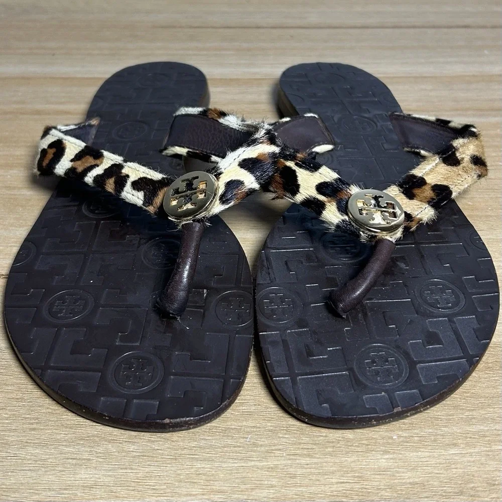 Tory Burch Pony Hair Black Brown Leopard Thong Logo Medallion Slip On Sandals